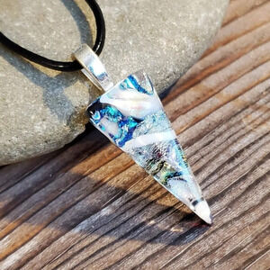 Dichroic Fused Art Glass Triangle White Multi Pendant Black Leather Necklace B